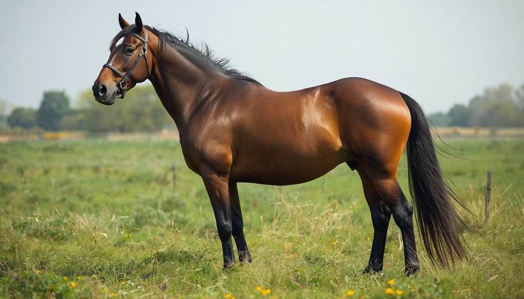 Powerful muscular draft horse standing in a pasture
