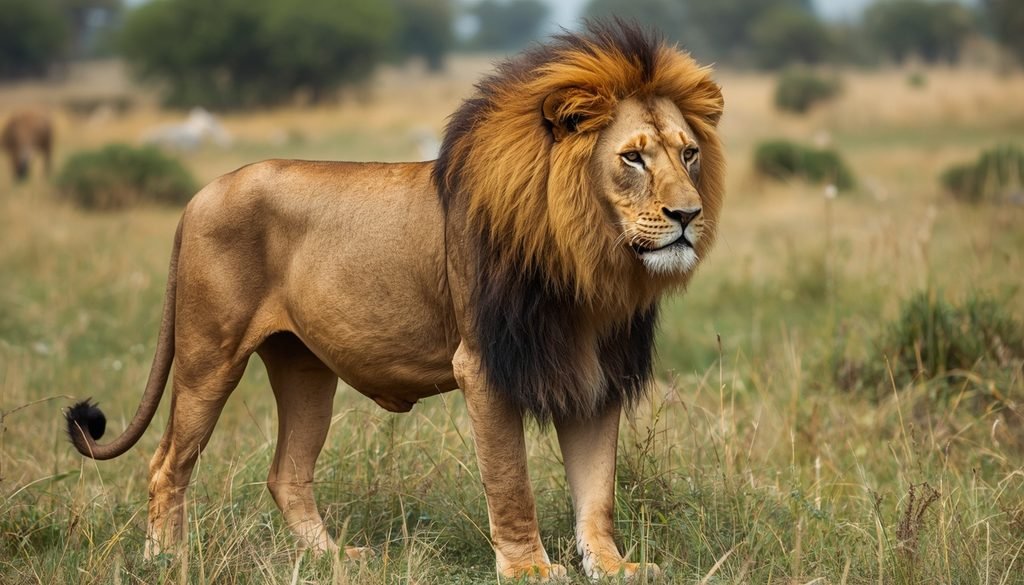 Muscular male lion standing in an African savanna