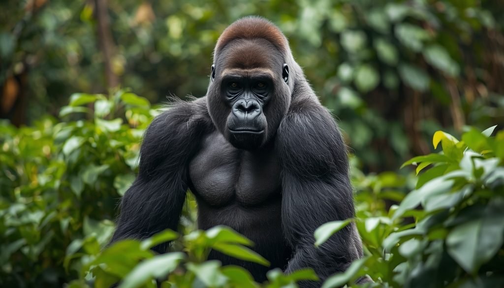 Muscular mountain gorilla standing in a green forest