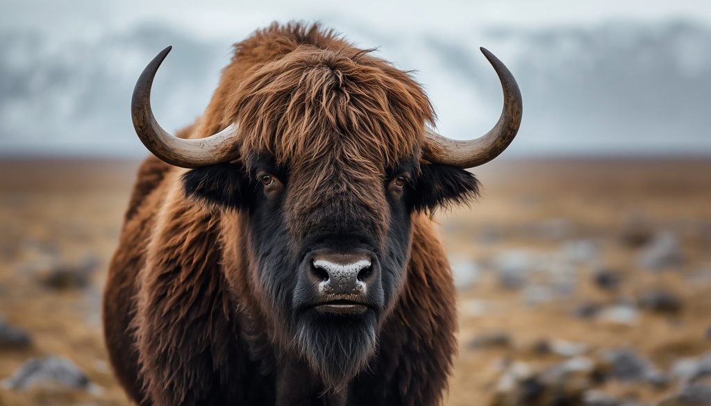 Musk ox with a broad forehead and heavy horns in Arctic tundra