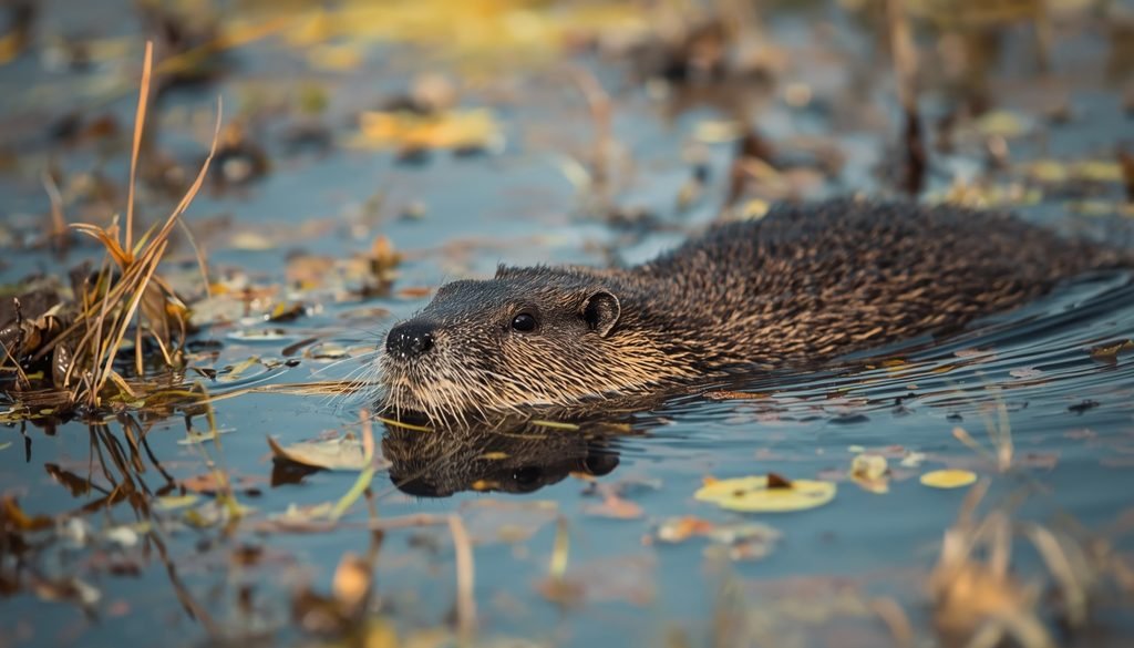 Muskrat swimming near vegetation in a freshwater wetland