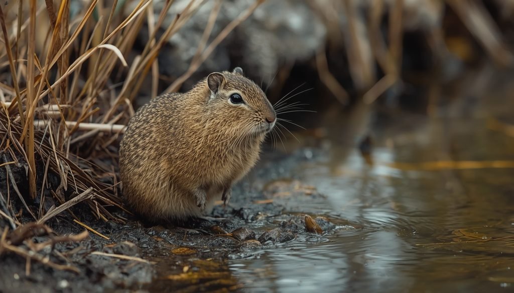 Nutria standing beside a wetland with its rounded brown body
