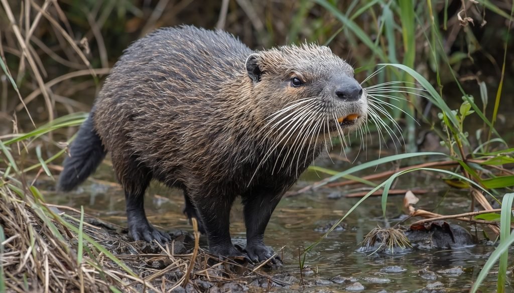 Nutria resembling a muskrat near a wetland