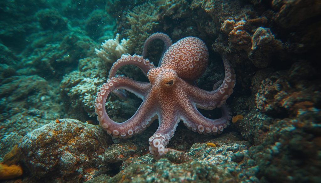 Octopus exploring its underwater habitat and solving problems