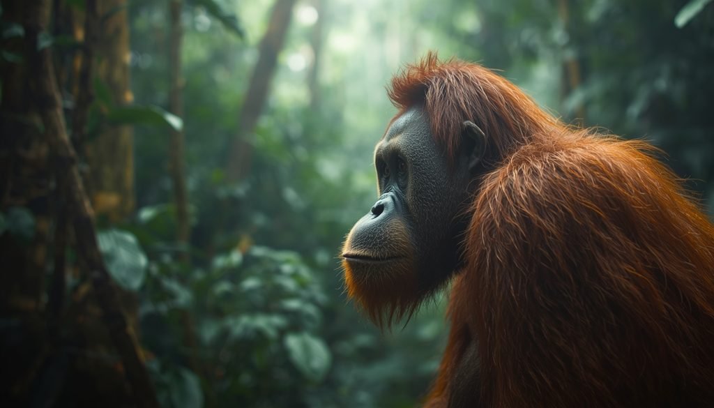 Orangutan with a broad facial profile in a tropical rainforest