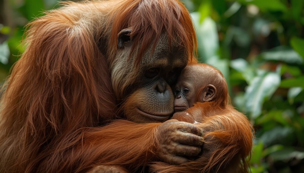 Orangutan mother caring for young in rainforest