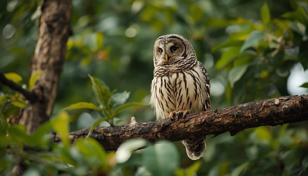 Owl quietly watching for prey from a tree branch