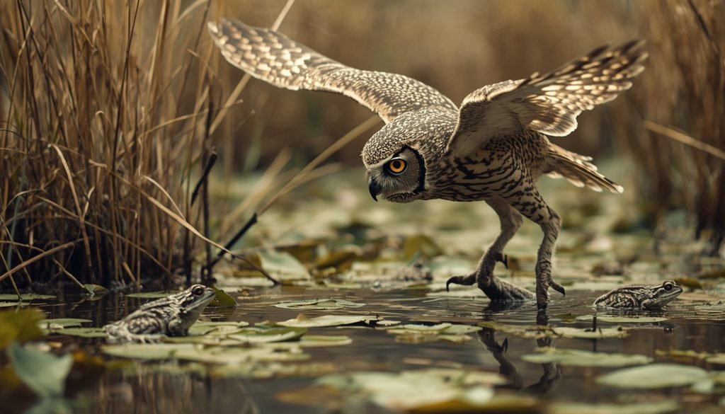 Owl hunting near a wetland where frogs live