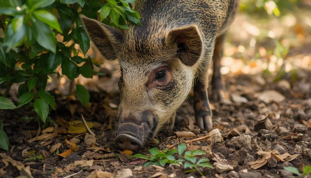 Pig using its strong sense of smell to find food underground