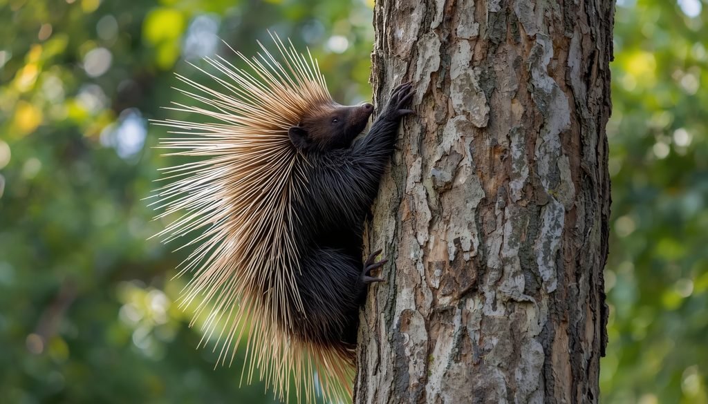 North American porcupine climbing a tree