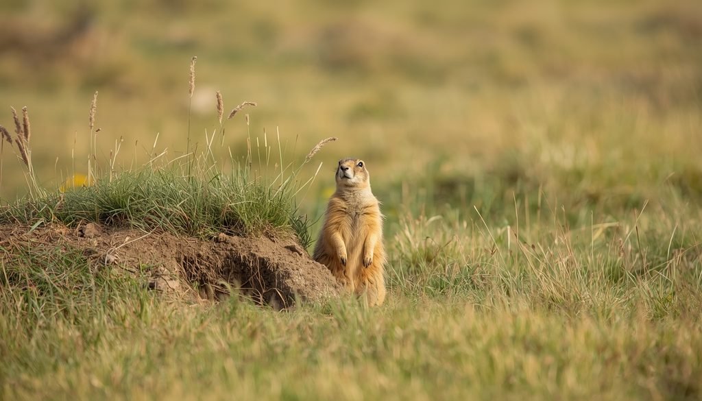 Prairie dog standing beside its burrow in a grassland