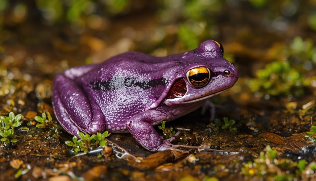 Purple frog with a rounded body in its natural habitat
