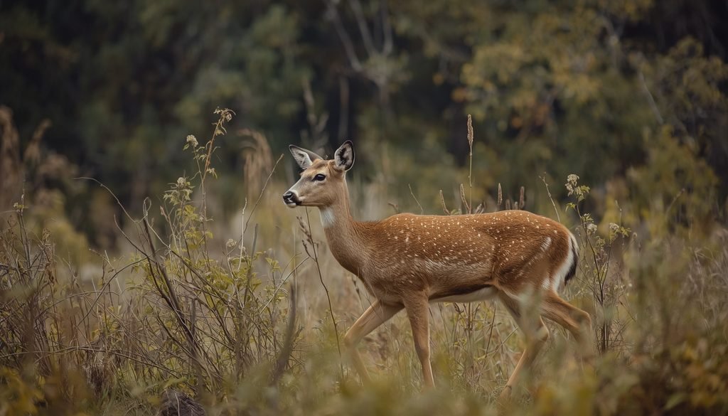 Quiet deer walking through woodland vegetation