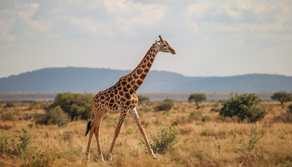 Quiet giraffe walking through African savanna
