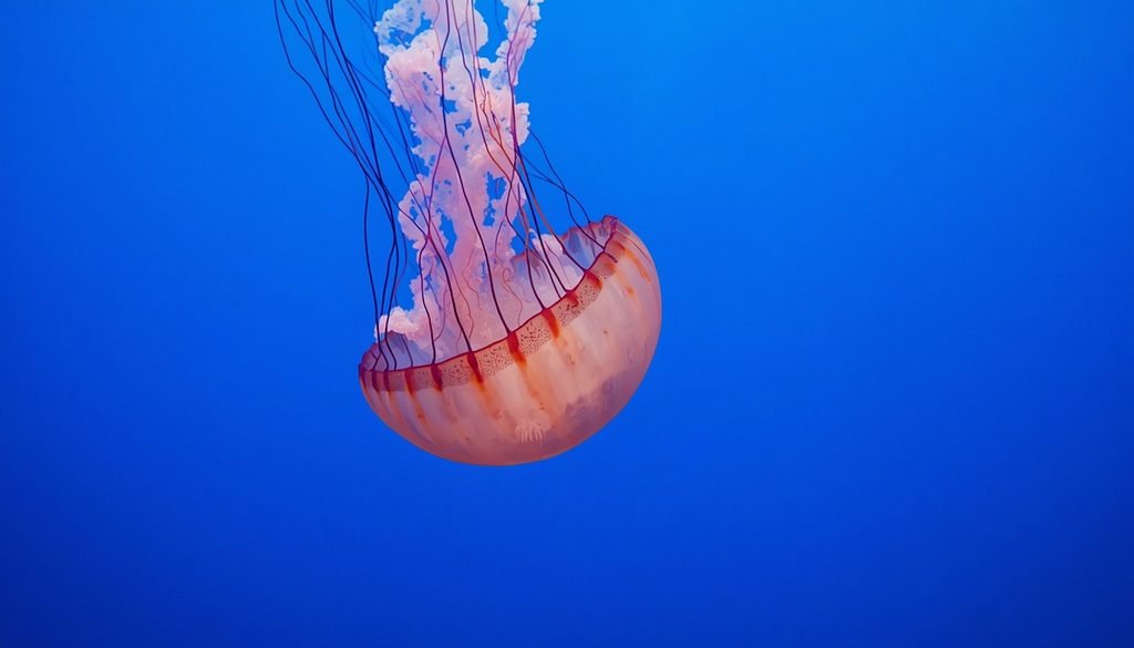 Quiet jellyfish drifting through blue ocean water
