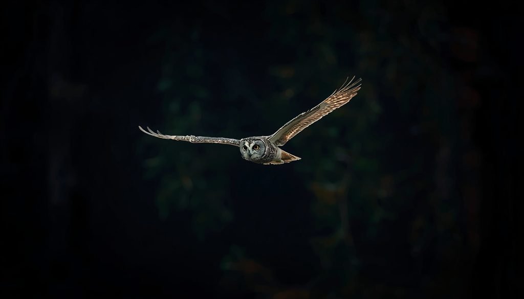 Owl flying quietly through a dark forest