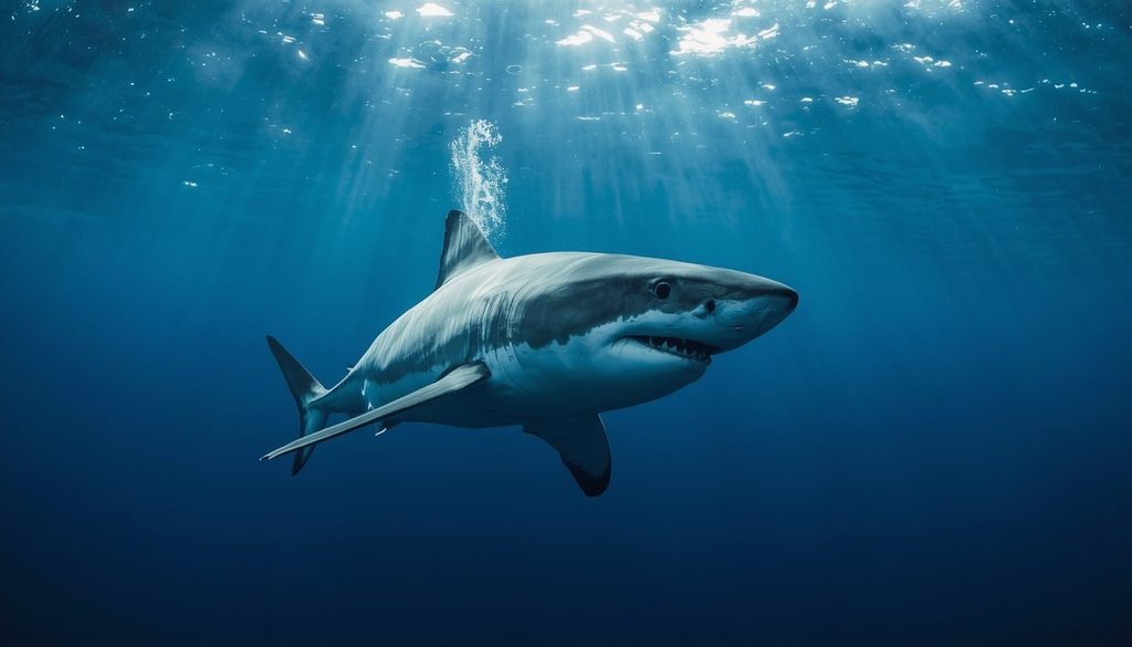 Great white shark quietly gliding underwater