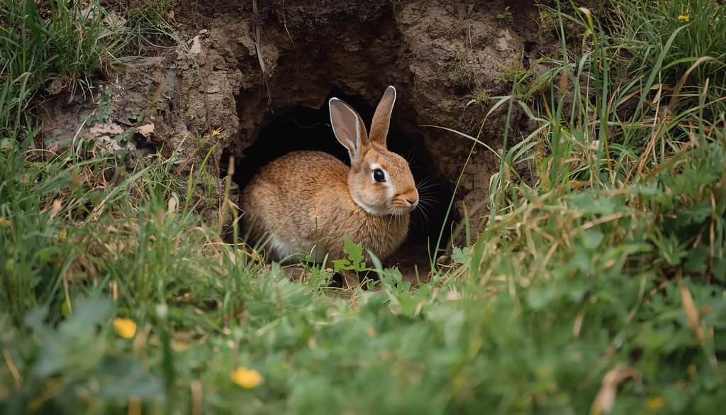 Brown rabbit sitting in a grassy meadow near a burrow