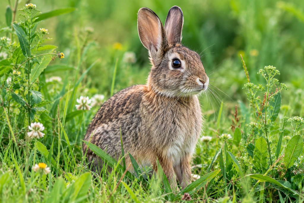 Rabbit sitting in a green meadow