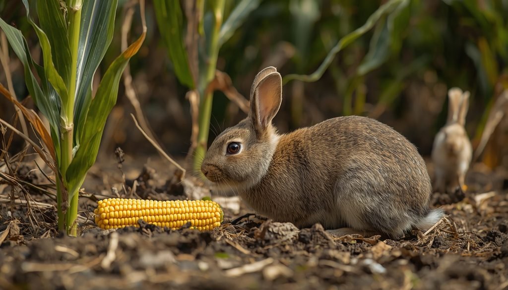 Rabbit feeding near a corn plant
