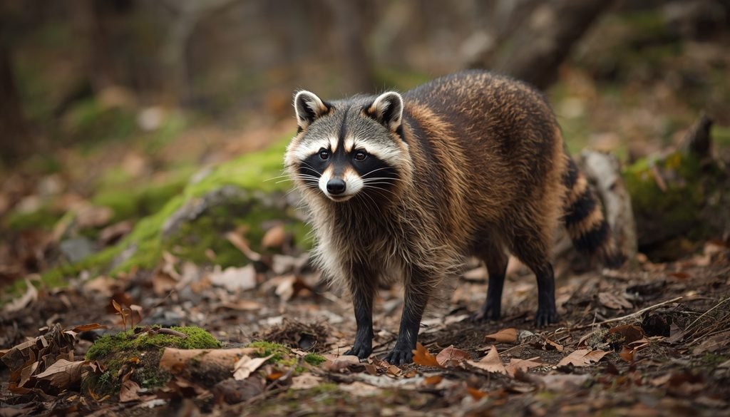 Raccoon dog in natural woodland habitat