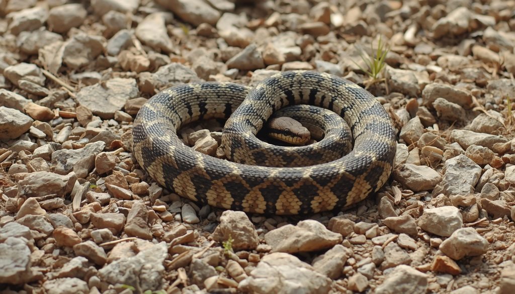 Rattlesnake coiled on rocky ground