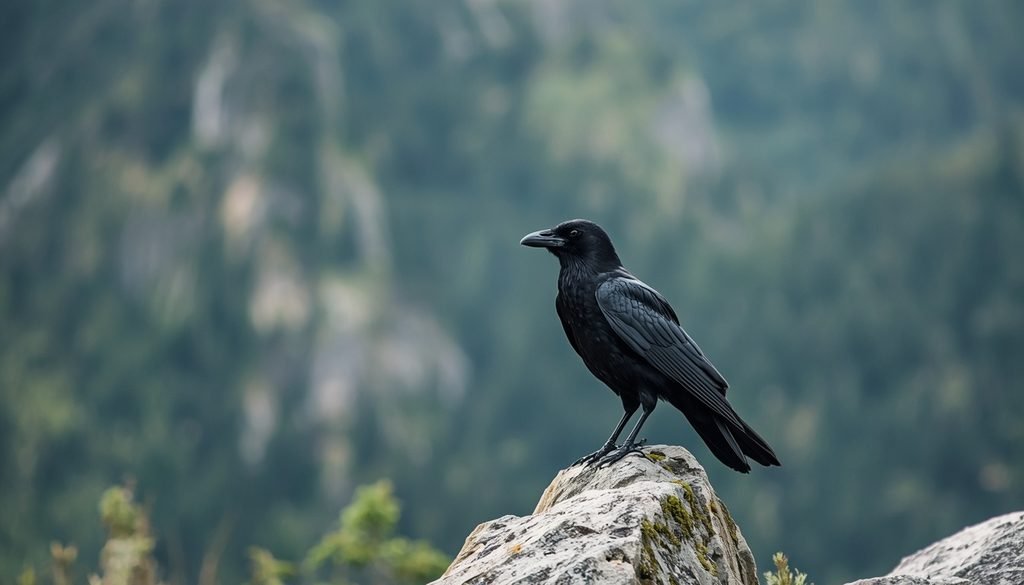 Common raven perched on mountain rock