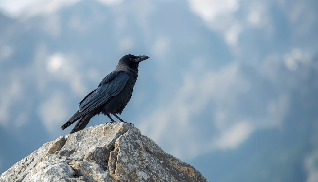Common raven displaying intelligent behavior in a mountain habitat