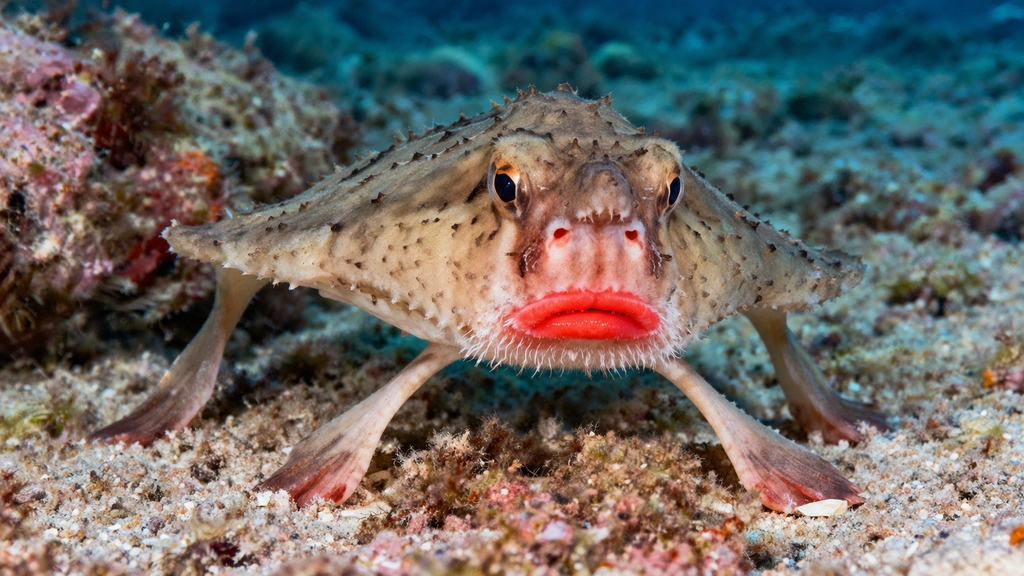 Red-lipped batfish showing its bright red lips on the seafloor