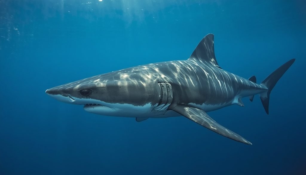 Remora attached to a shark underwater