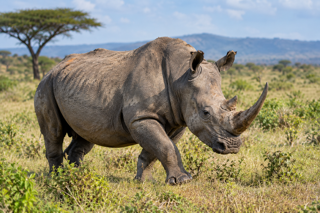 Rhinoceros walking across African grassland