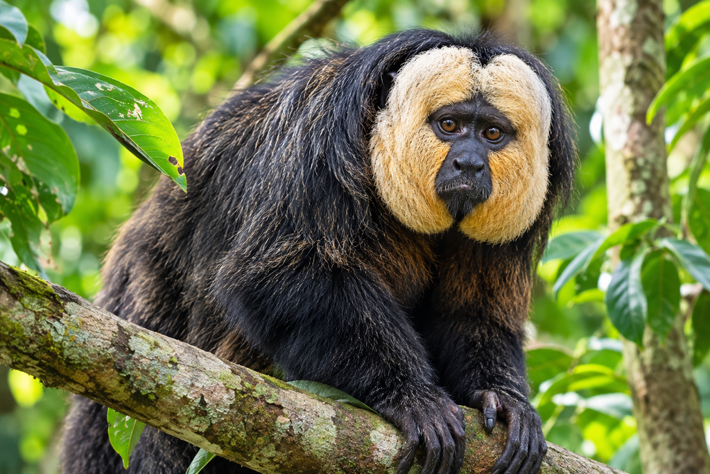 Saki monkey with distinctive facial features in a tropical forest