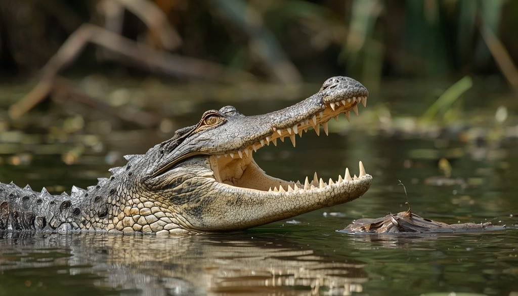 Saltwater crocodile showing its powerful jaws in a tropical wetland