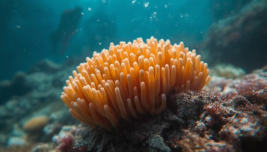 Sea sponge growing underwater on a rocky reef