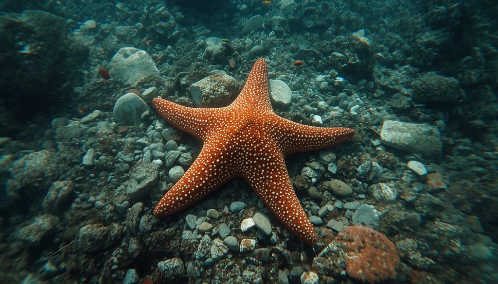 Sea star resting on a rocky seafloor underwater