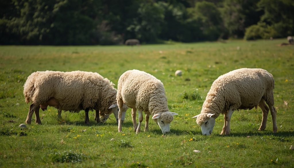 Sheep grazing together in a green pasture