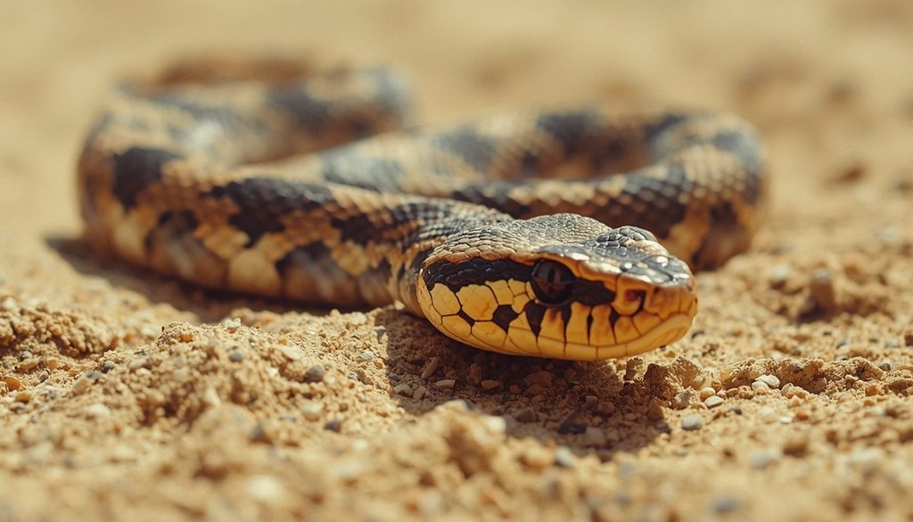 Sidewinder rattlesnake with raised eye scales on sandy desert ground