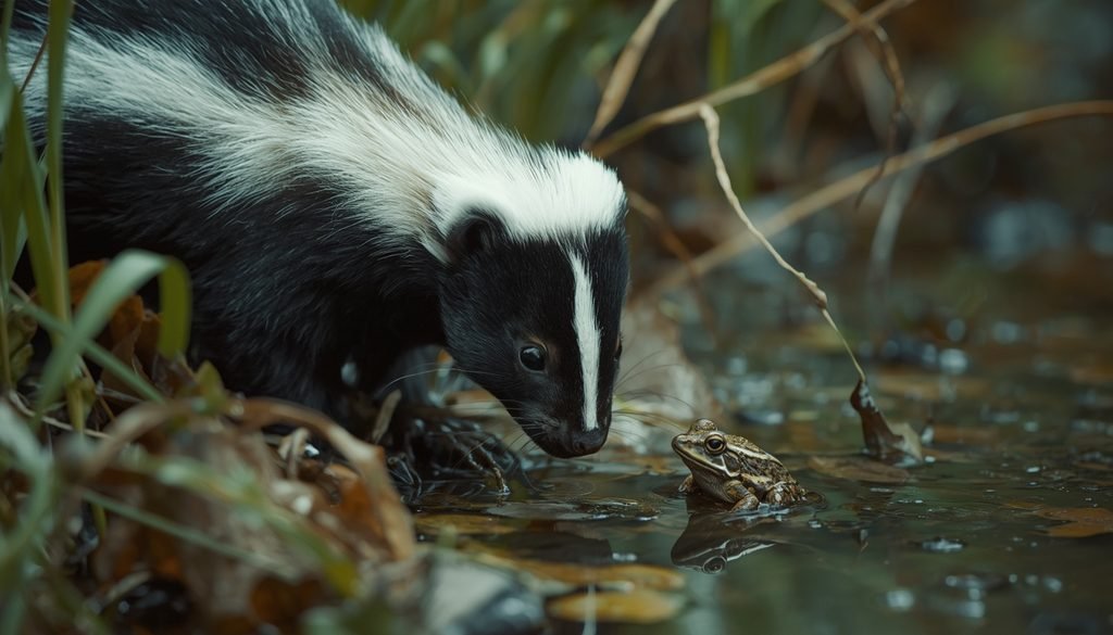 Striped skunk searching for a frog near wet vegetation
