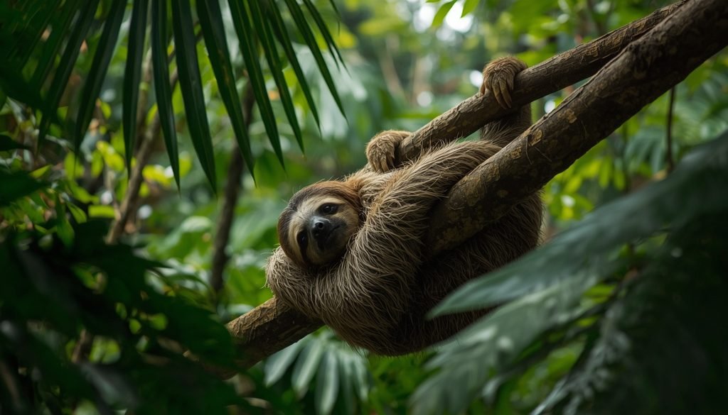 Sloth resting slowly in a tropical rainforest canopy