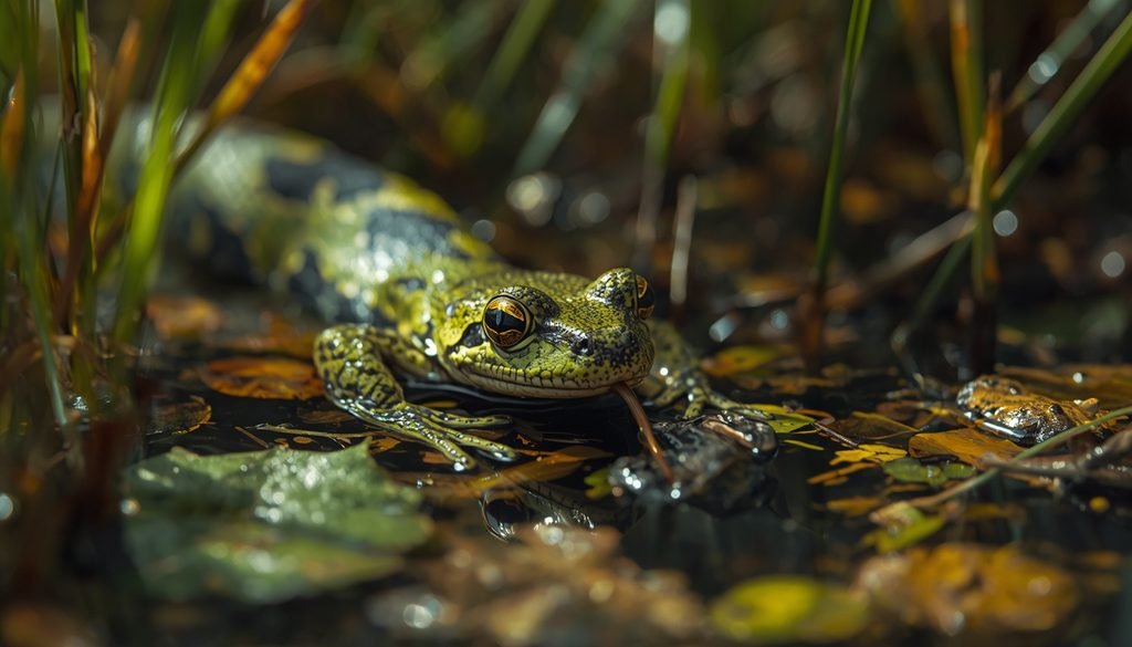 Water snake hunting a frog near a wetland