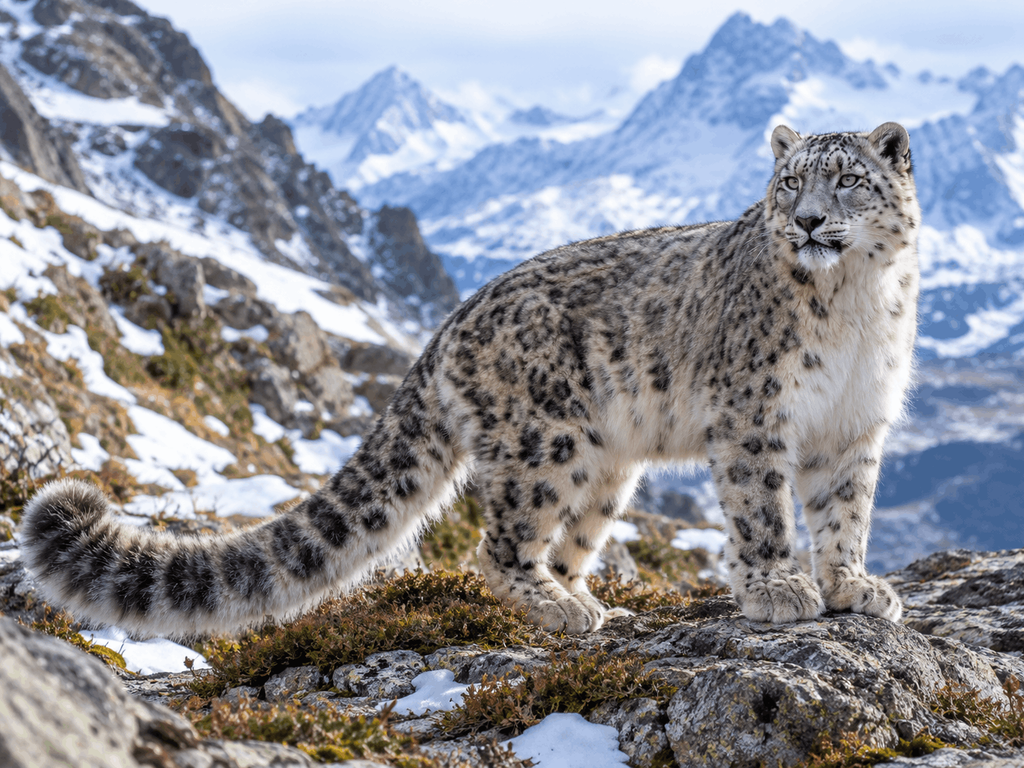 Snow leopard with a long furry tail in the mountains