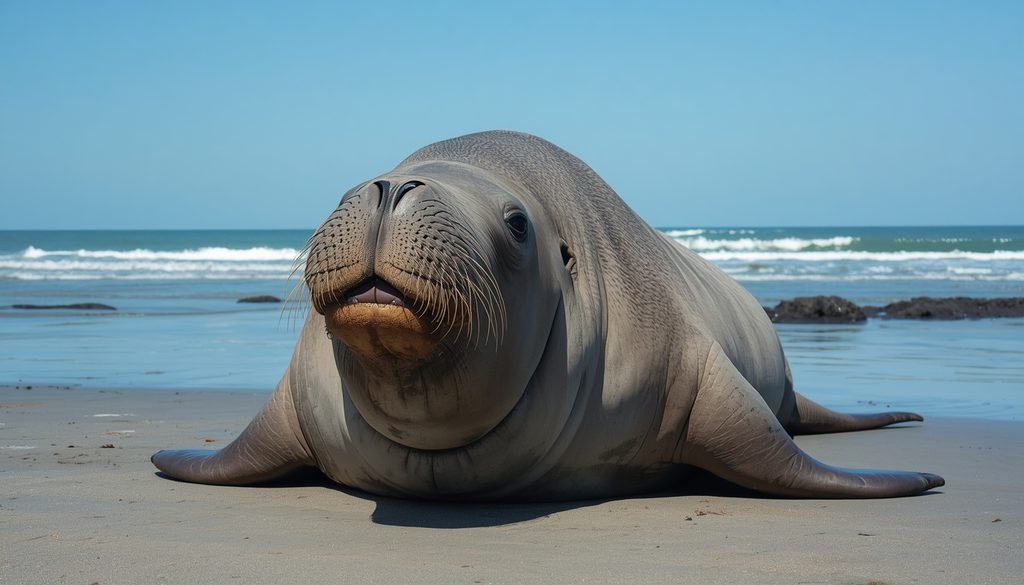 Southern elephant seal with large nose on a beach