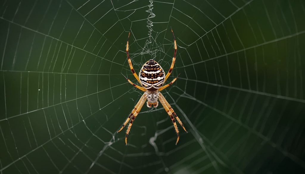 Spider waiting near its web for trapped prey
