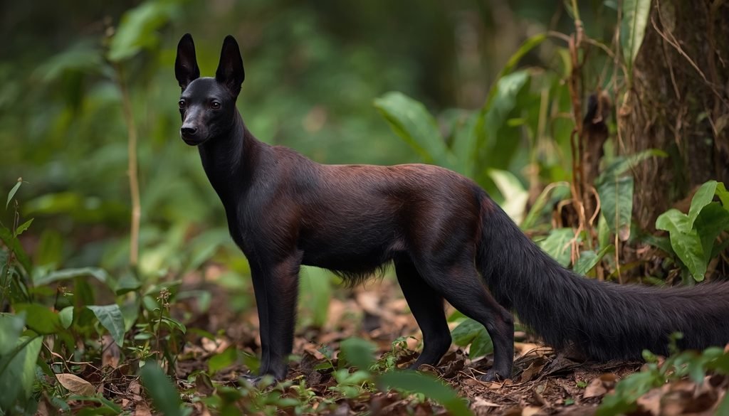 Tayra with a long furry tail in tropical forest vegetation