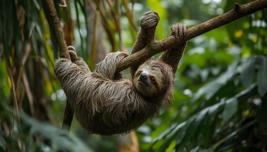 Three-toed sloth resting among branches in a tropical forest