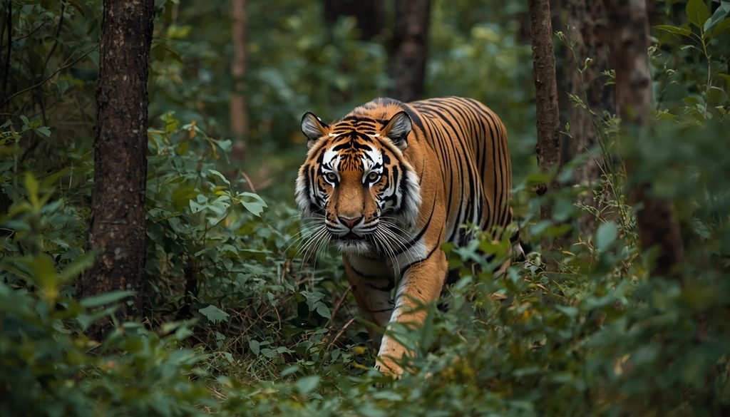 Bengal tiger walking through dense forest vegetation
