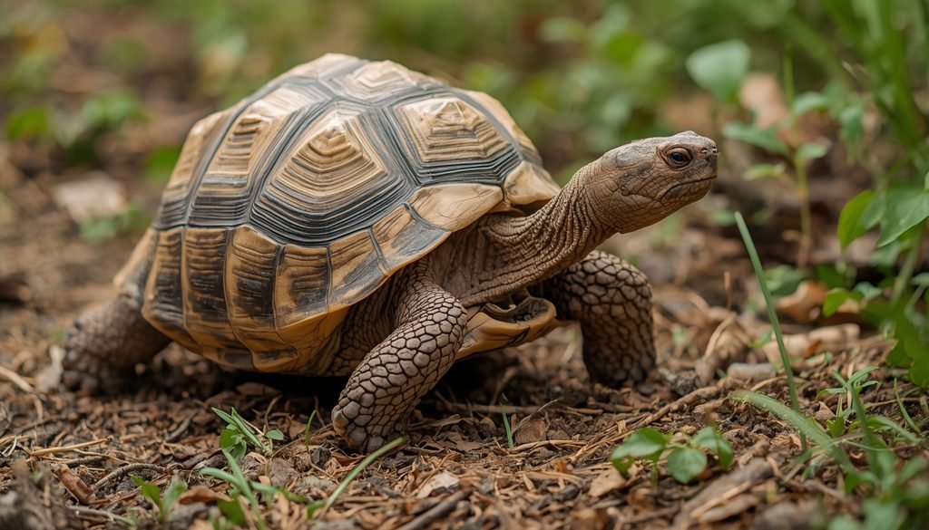 Tortoise walking with its domed protective shell in a natural habitat