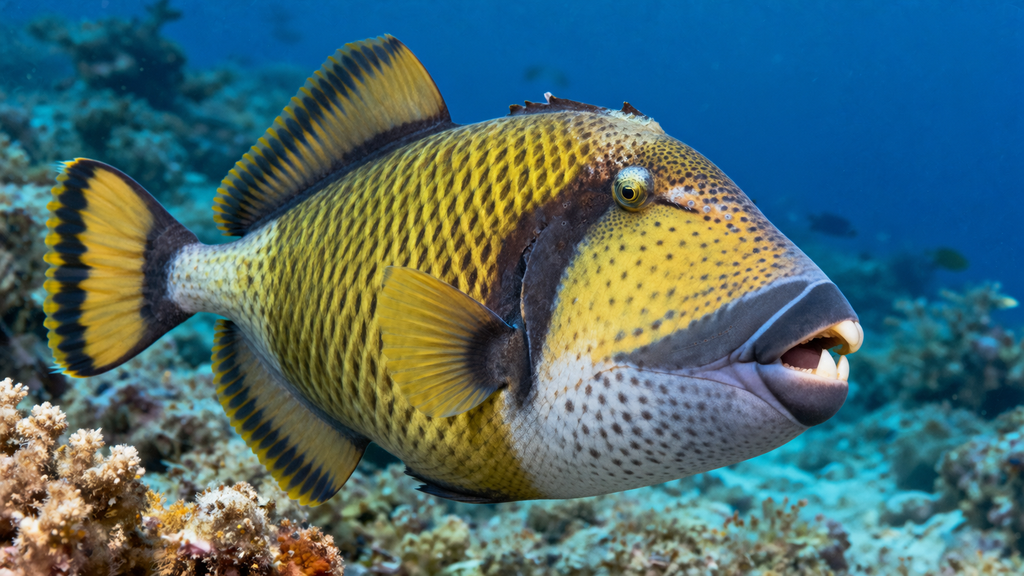 Tropical triggerfish with strong jaws and unusual mouth