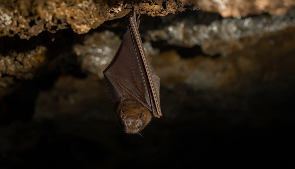 Common vampire bat hanging in a natural cave