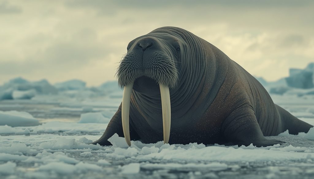 Walrus with a large rounded head and long tusks on Arctic ice